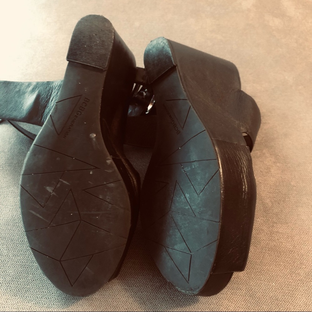 BCBG genuine leather black wedge shoes.See photos for wear.Double strap,open toe - Picture 7 of 11